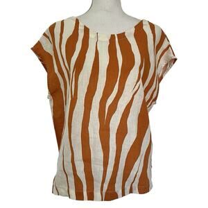 Rachel Zoe 100% Linen Zebra Animal Print Top Size M Boxy Button Back Beachy